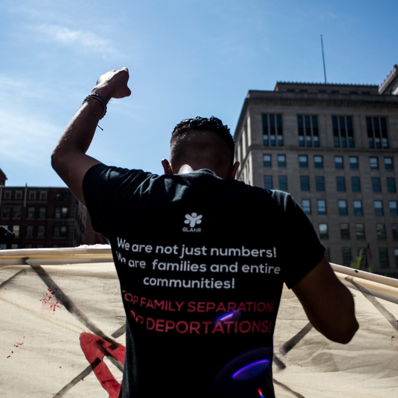 Organizers from Mijente, Georgia Latino Alliance for Human Rights, Ruckus Society and other activist organizations stage a protest and march outside Quicken Loans Arena in Cleveland. Organizers from Mijente, Georgia Latino Alliance for Human Rights, Ruckus Society and other activist organizations stage a protest and march outside Quicken Loans Arena in Cleveland.