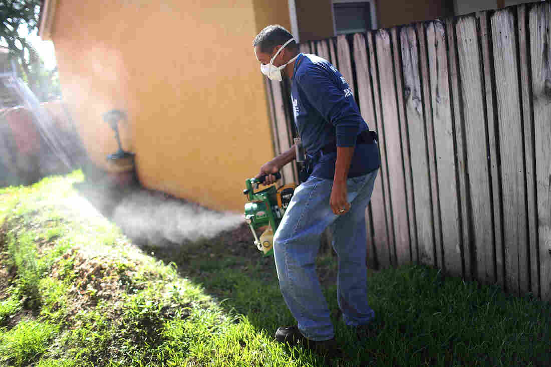 Larry Smart, a Miami-Dade County mosquito control inspector, uses a fogger to spray pesticide to kill mosquitoes in an effort to stop a possible Zika outbreak in Miami.