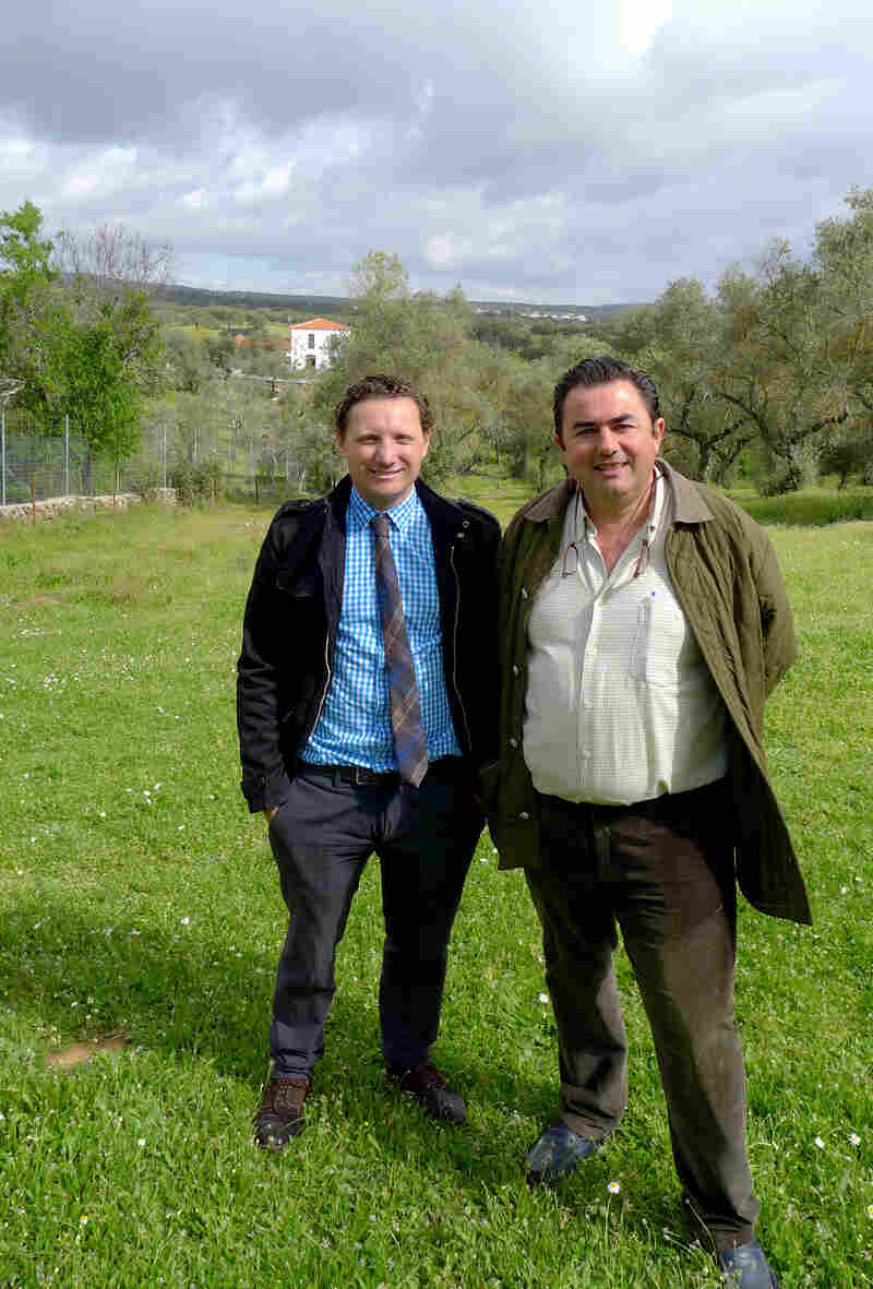 Diego Labourdette (left) and Eduardo Sousa are business partners — together they run a 1,200-acre goose farm just outside of Pallares, Spain.