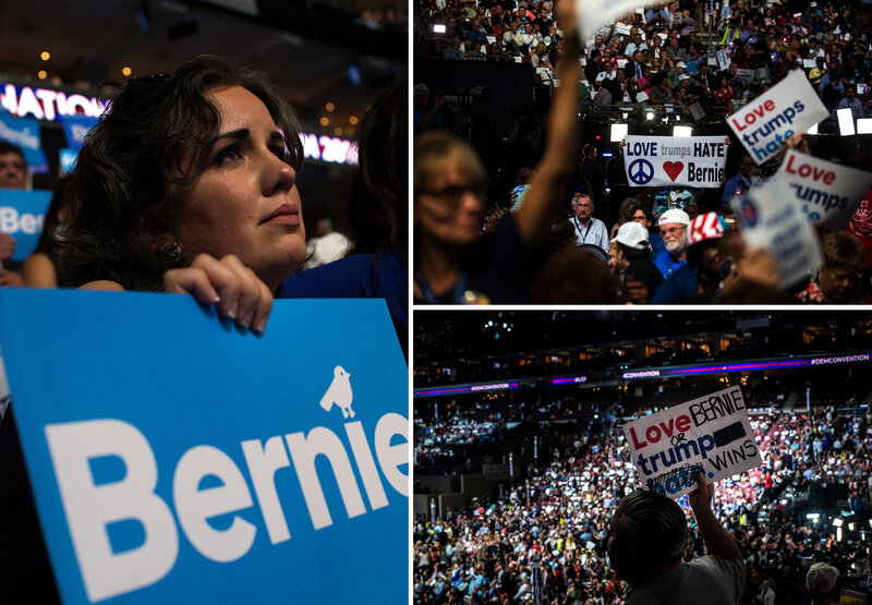 Sanders supporters voice their opinions during Monday evening's program at the Democratic National Convention.