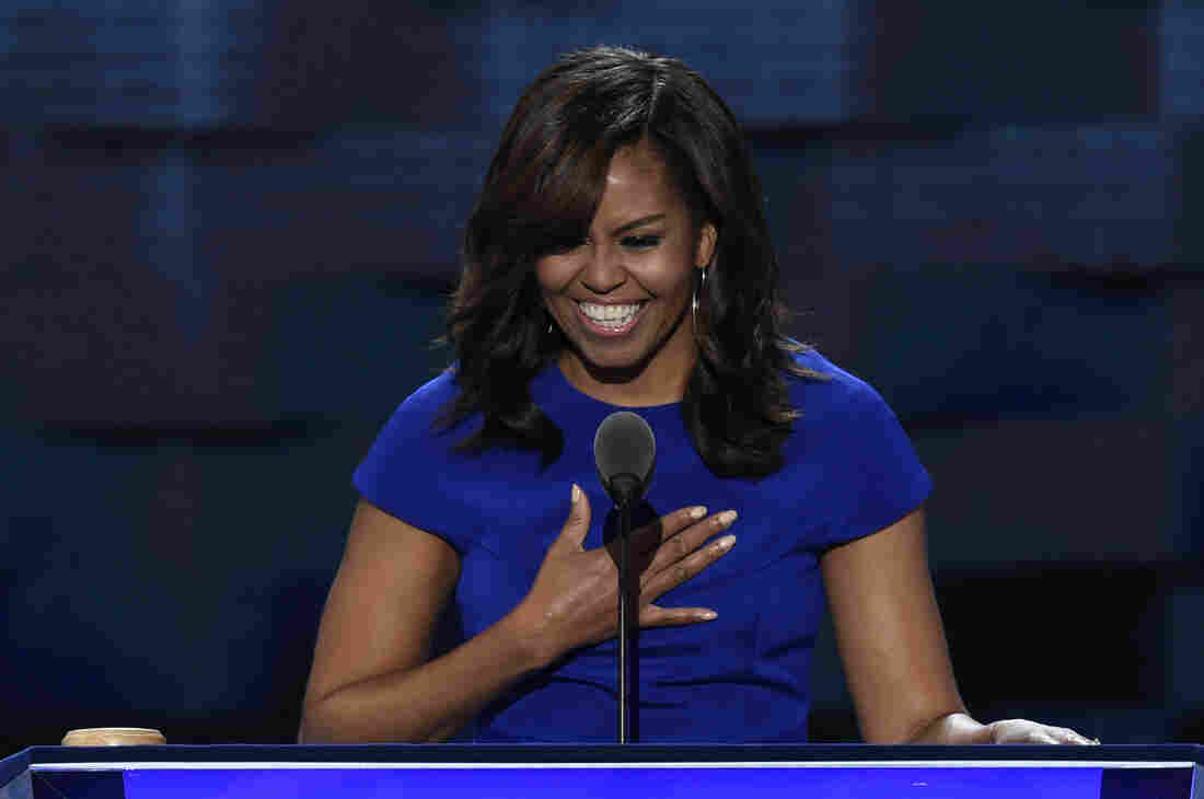 First lady Michelle Obama delivers her speech on the first evening of the Democratic National Convention in Philadelphia.