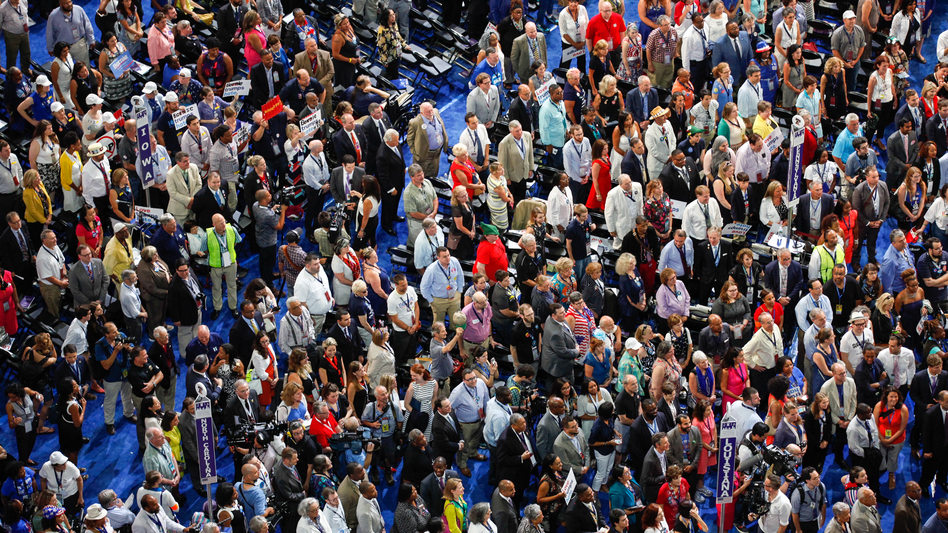 Delegates on the Democratic National Convention floor at the Wells Fargo Center in Philadelphia. (Meg Kelly/NPR)