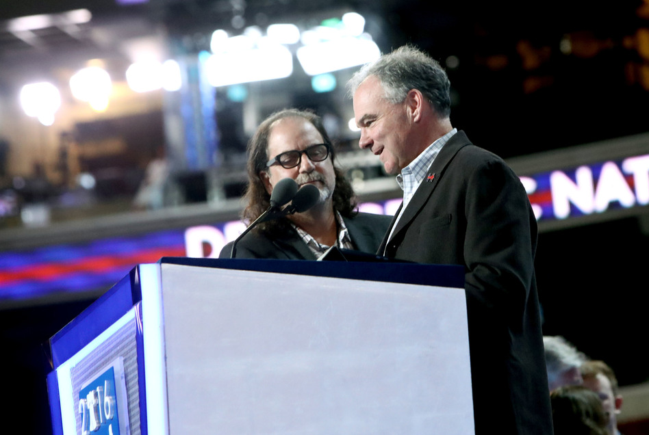 Democratic vice presidential nominee Tim Kaine does a walk on the Democratic National Convention stage ahead of his prime time speech on Wednesday night. (Jessica Kourkounis/Getty Images)