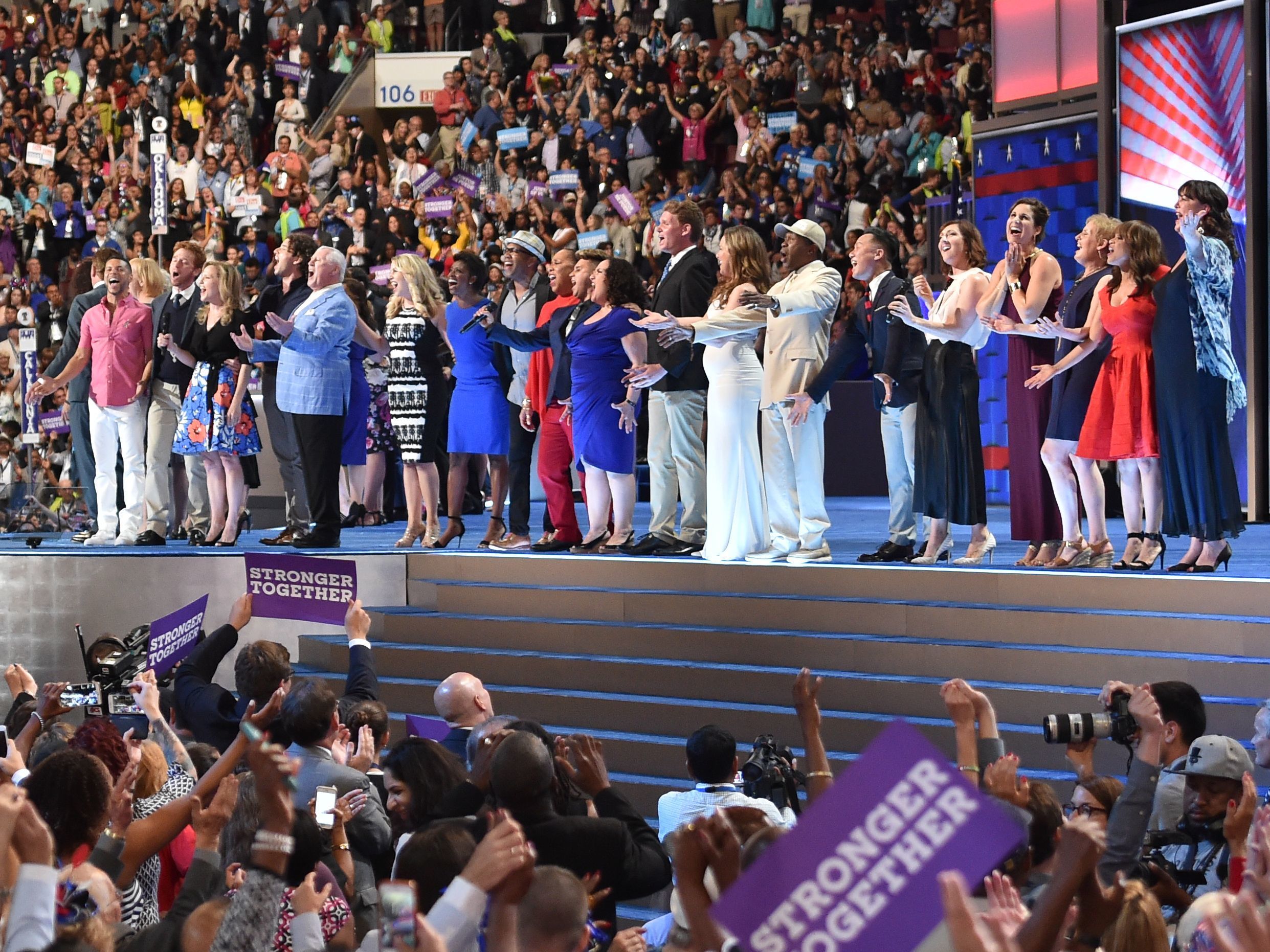 Broadway performers perform 'What The World Needs Now..." on the third day of the Democratic National Convention.