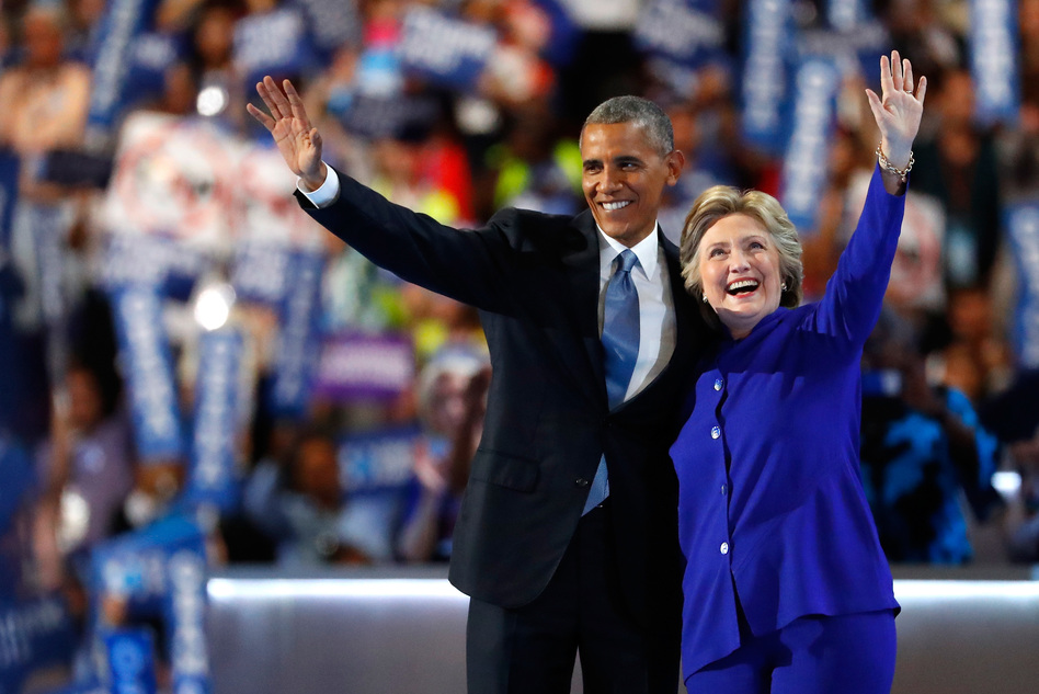 Hillary Clinton joins President Obama onstage after he delivers his speech at the Democratic National Convention on Wednesday. (Aaron P. Bernstein/Getty Images)