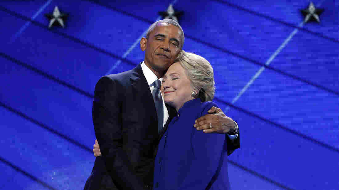 President Obama hugs Democratic presidential candidate Hillary Clinton after addressing the delegates during the Democratic National Convention in Philadelphia on Wednesday night.