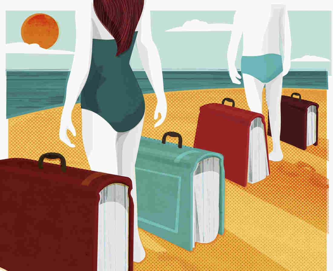 Illustration of two people standing on a beach, with suitcases in the shape of books.