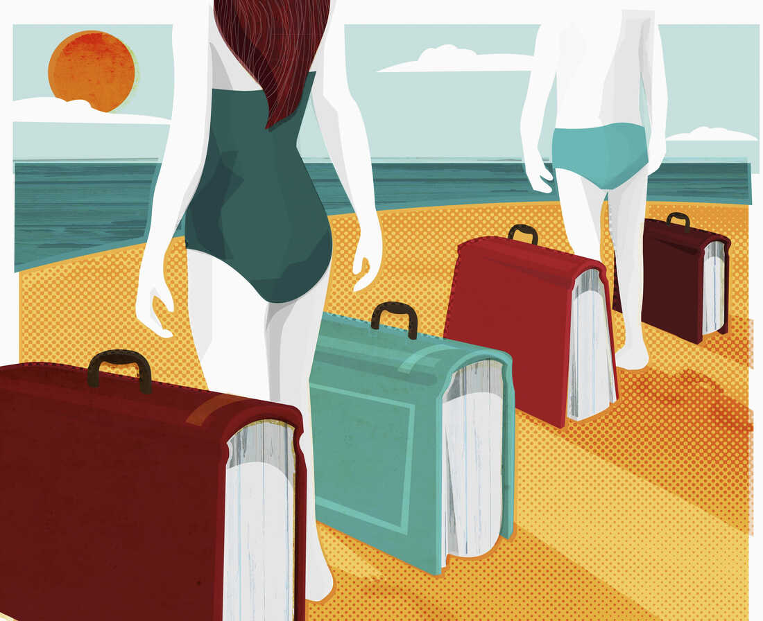 Illustration of two people standing on a beach, with suitcases in the shape of books.