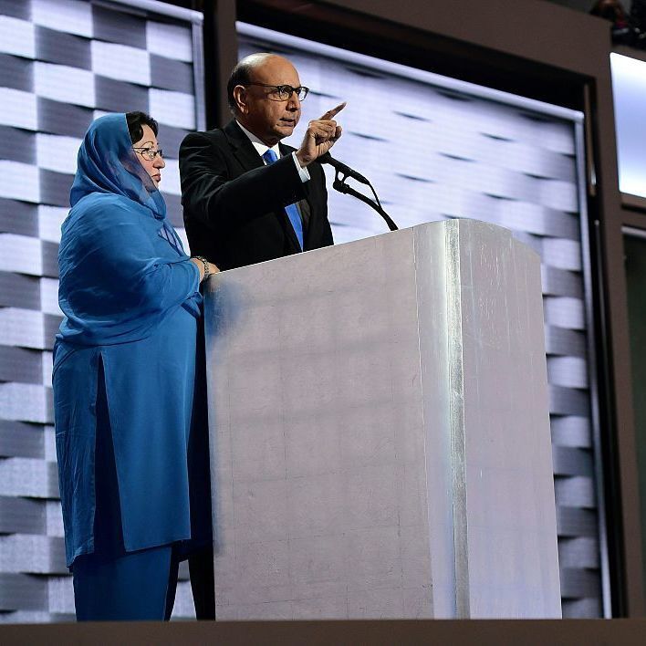 Khizr Khan, whose son was killed in Iraq, speaks directly to Donald Trump at the Democratic National Convention in Philadelphia on Thursday. His wife Ghazala Khan stands beside him. Khizr Khan, whose son was killed in Iraq, speaks directly to Donald Trump at the Democratic National Convention in Philadelphia on Thursday. His wife Ghazala Khan stands beside him.
