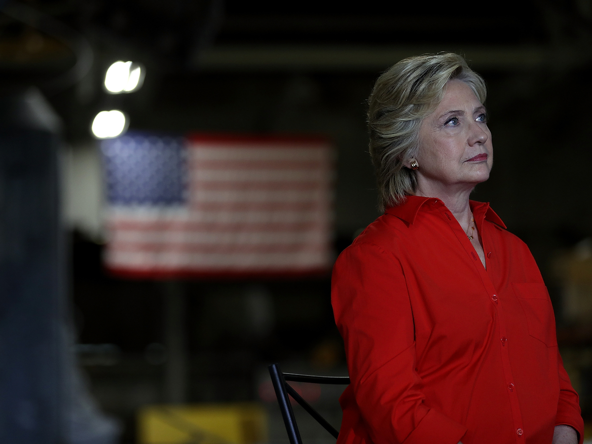 Hillary Clinton looks on during a campaign rally with democratic vice presidential nominee Tim Kaine in Johnstown, Pa., on Saturday.