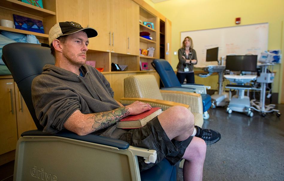 Tommy, a repeat patient at the Supportive Place for Observation and Treatment in Boston, says the room has saved lives. (Jesse Costa/WBUR)
