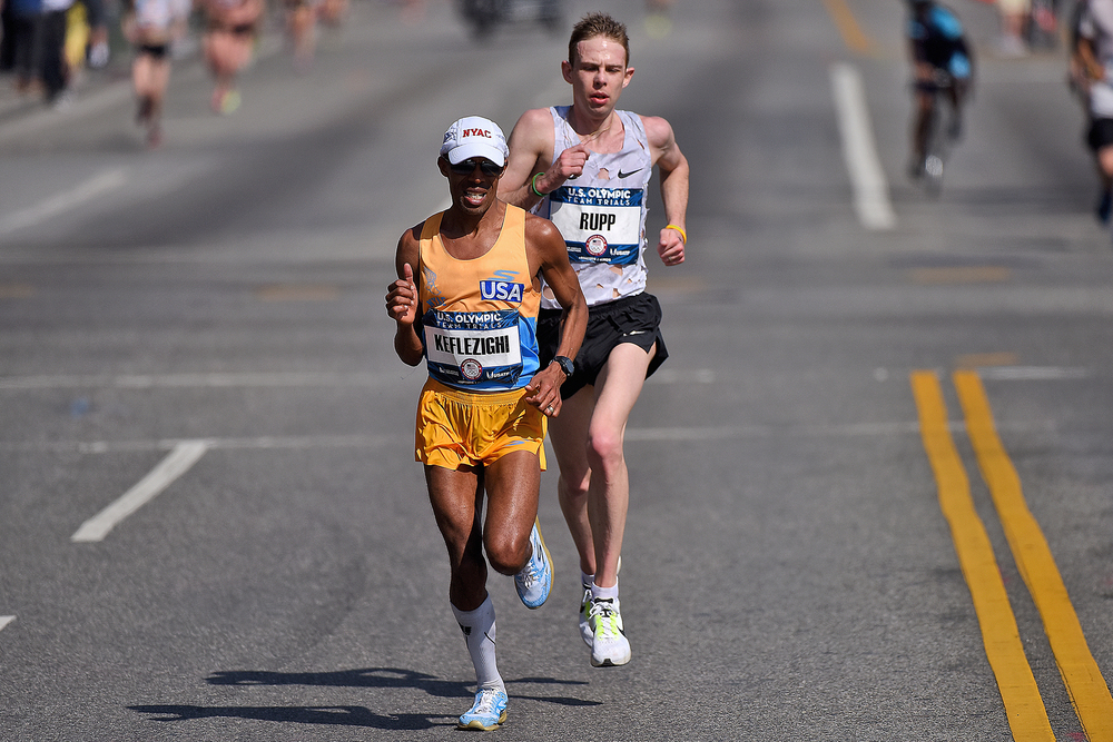 Meb Keflezighi and Galen Rupp  lead the race during the U.S Olympic Marathon Team Trials in February in Los Angeles.