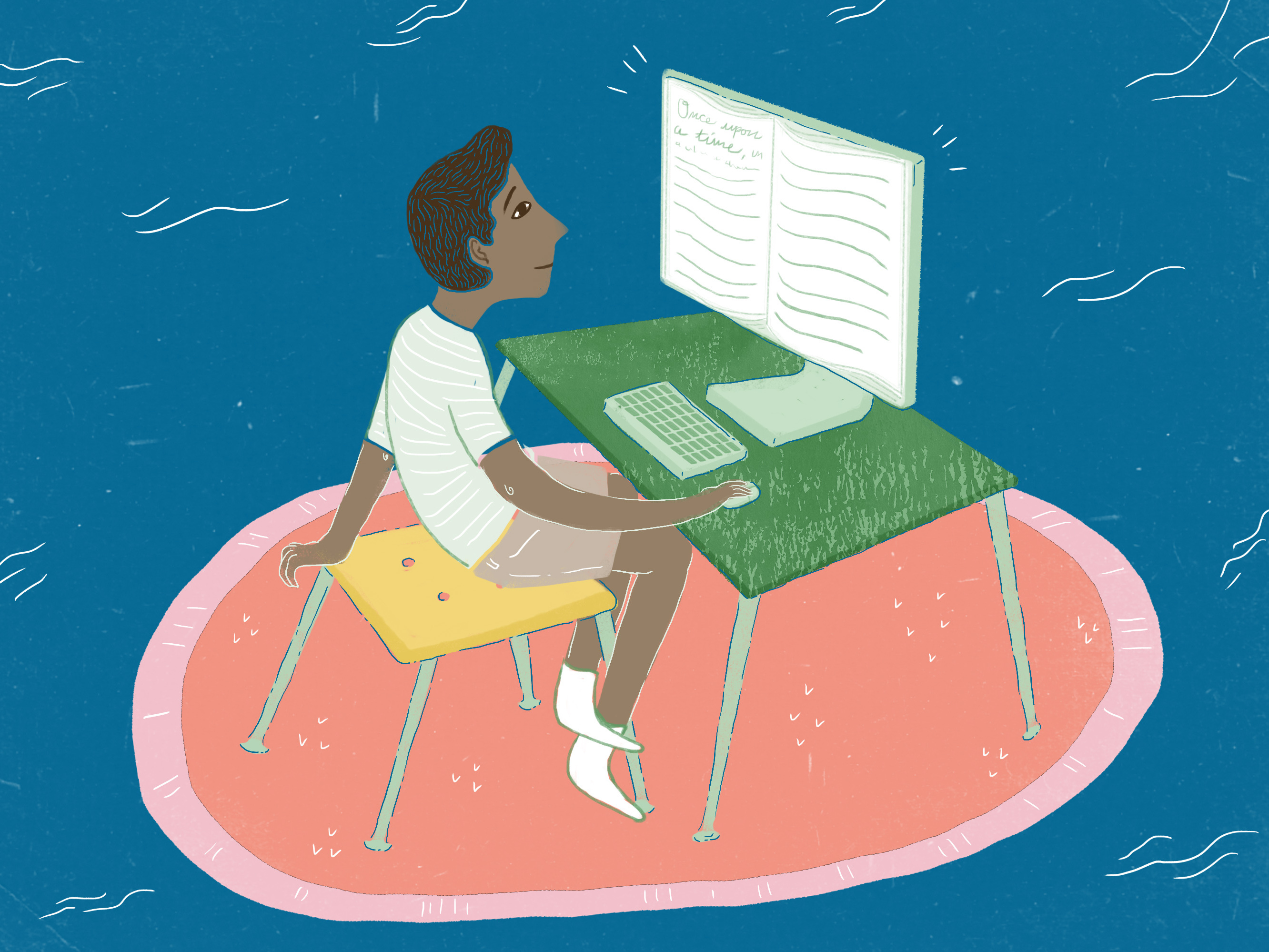 Young man sits in front of computer reading the screen which is made of book pages.