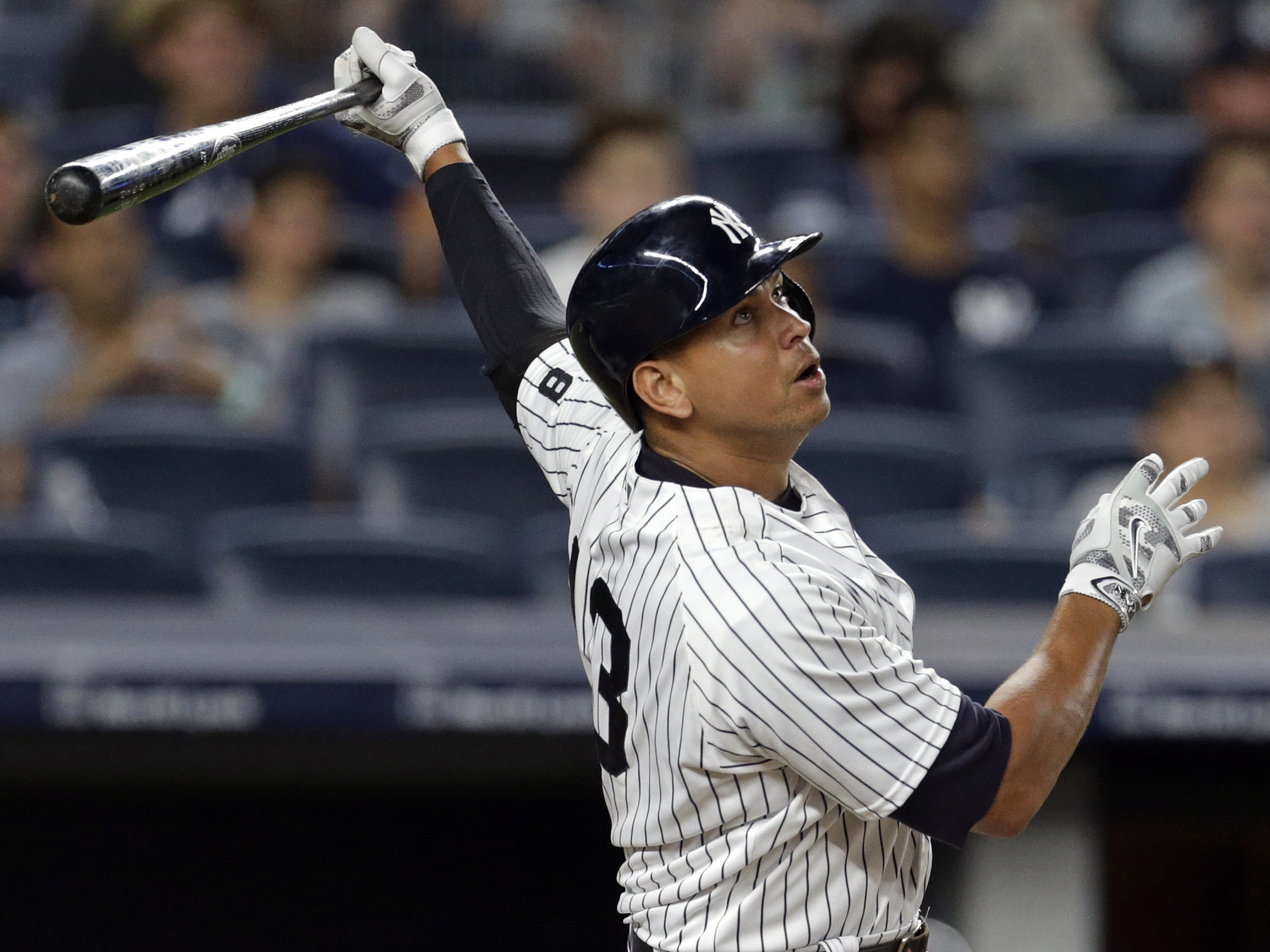 New York Yankees designated hitter Alex Rodriguez at bat against the Boston Red Sox during a baseball game in July in New York.