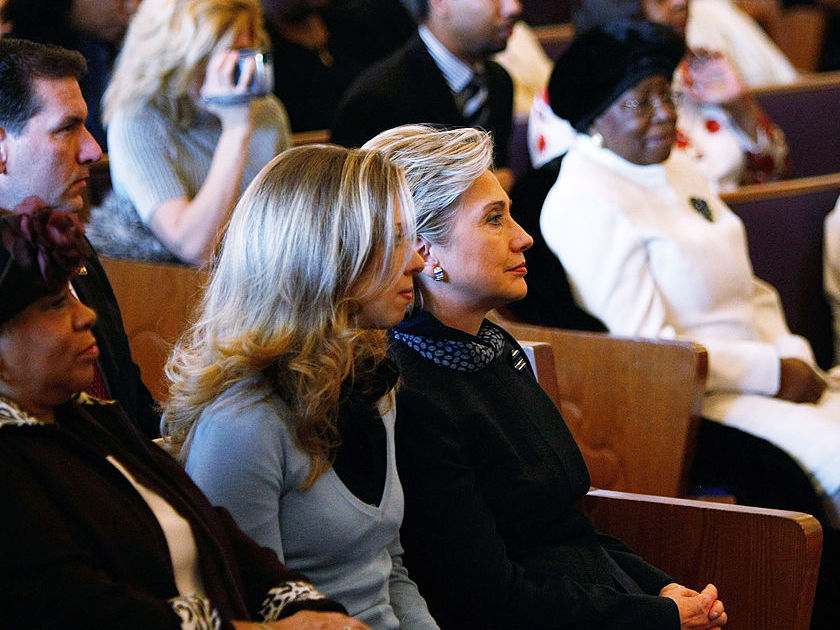 Hillary Clinton attends church with daughter Chelsea Clinton at the Greater Mount Carmel Missionary Baptist Church in St. Louis, Missouri while on the campaign trail in 2008.