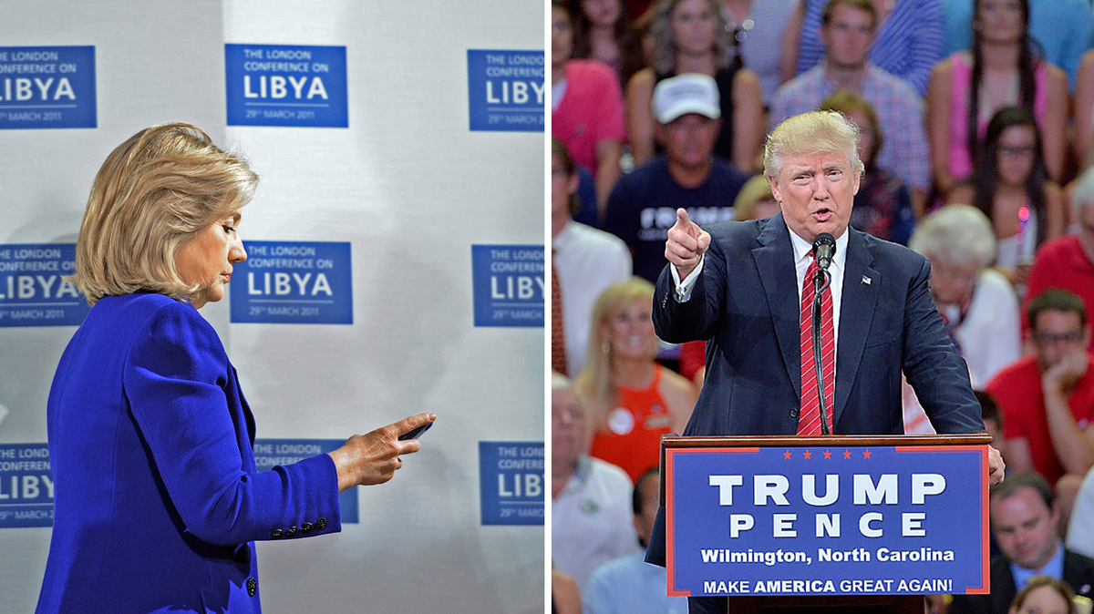 Hillary Clinton checks her phone at the Libyan Conference in 2011 in London; Donald Trump speaks at a campaign event Aug. 9 in North Carolina.