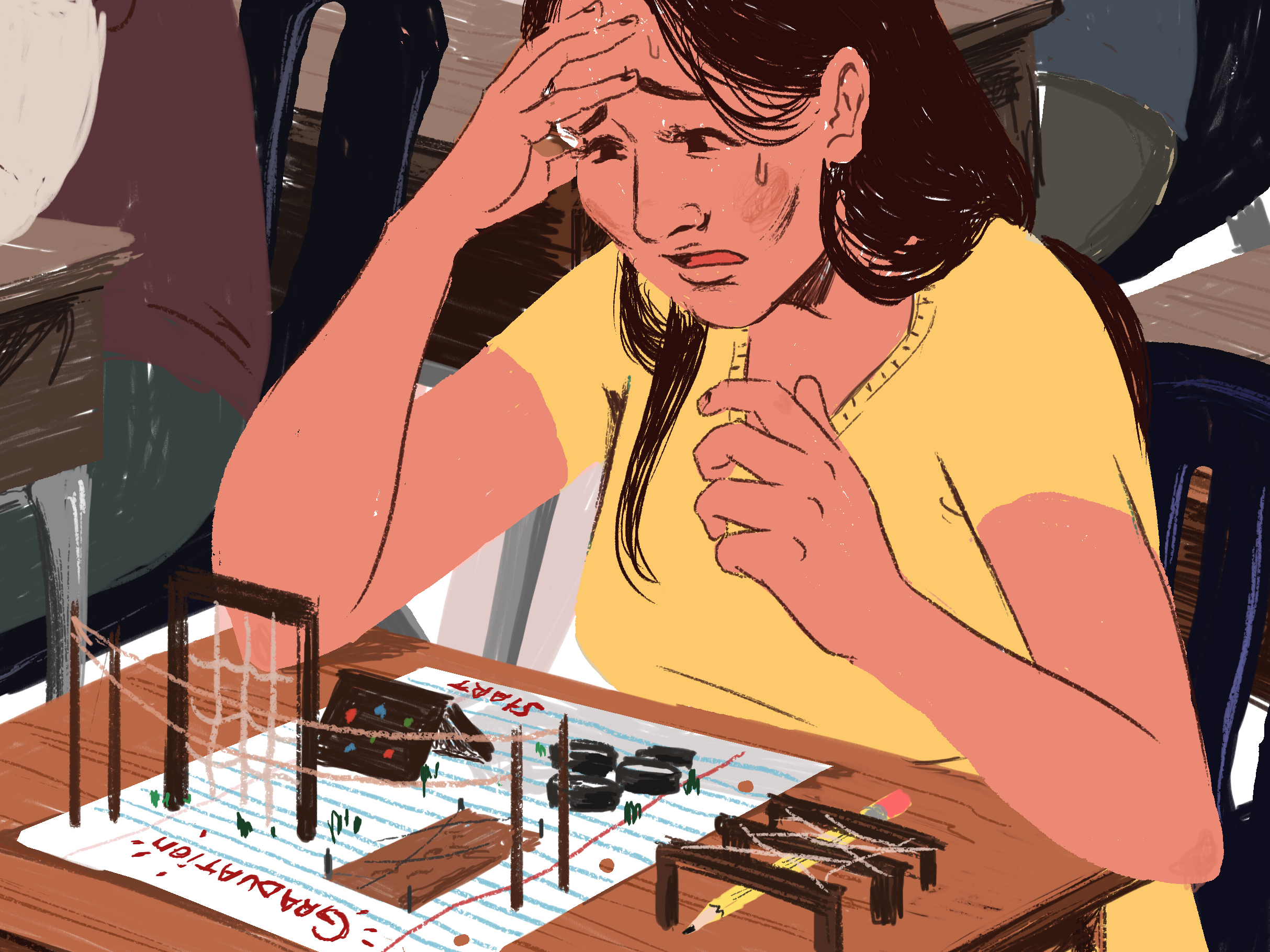 Native American college student sitting at desk staring at all the obstacles on her way to graduating.