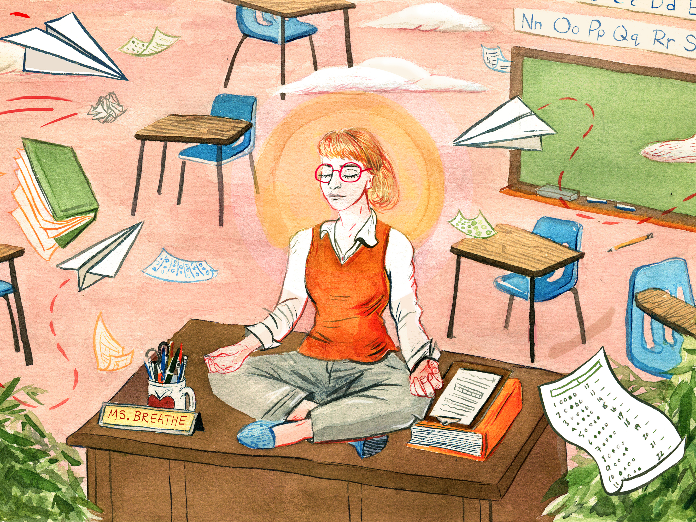 Teacher meditates on her classroom desk.