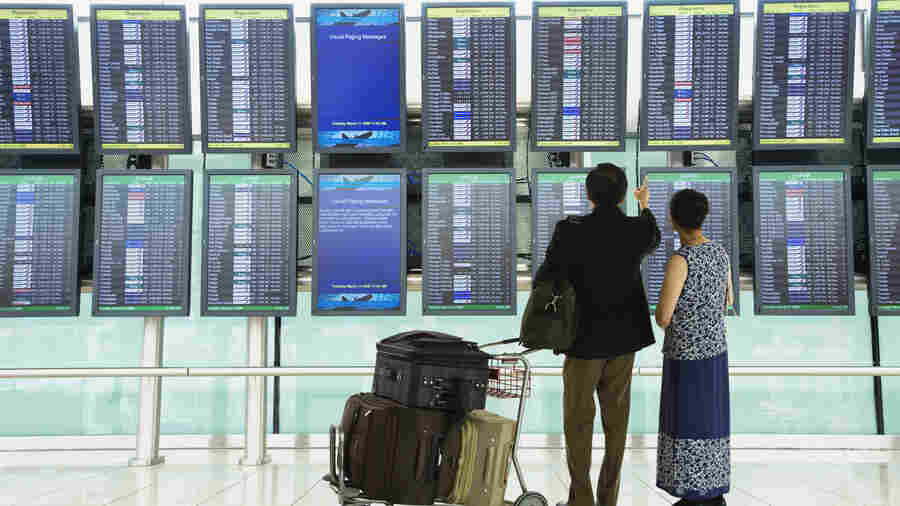 A couple checks flight schedules.