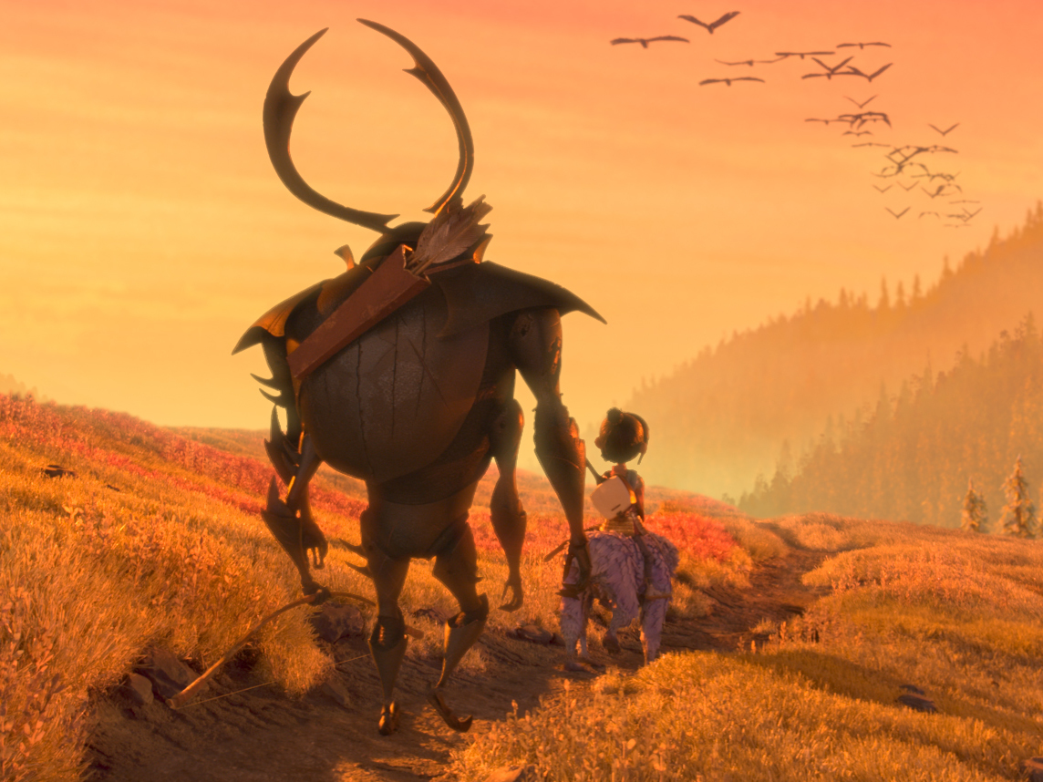 Beetle (Matthew McConaughey), Kubo (Art Parkinson) and Monkey (Charlize Theron) set off on a promising path in the animated adventure Kubo and the Two Strings.