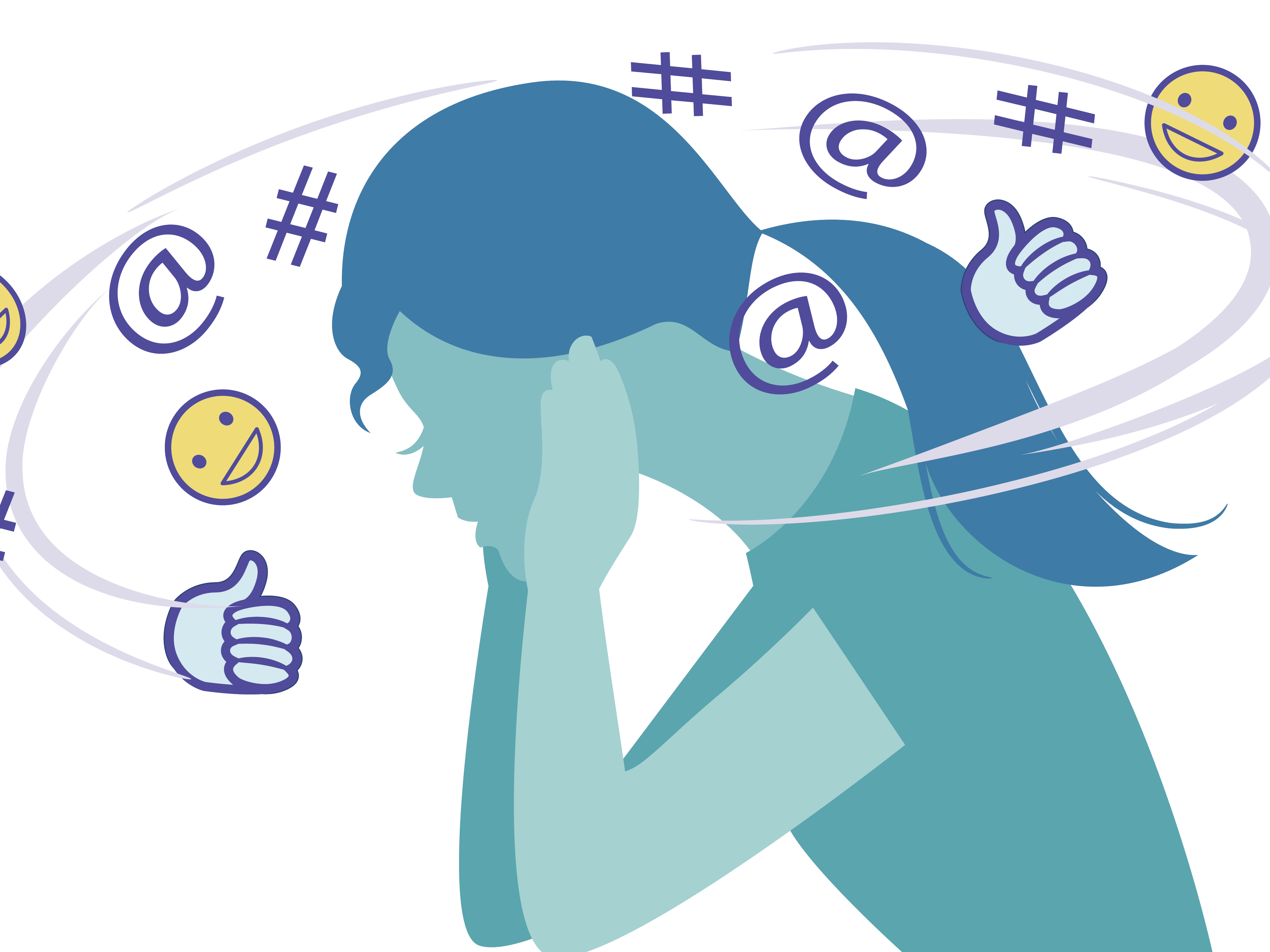 Social media symbols forming noise around woman plugging ears