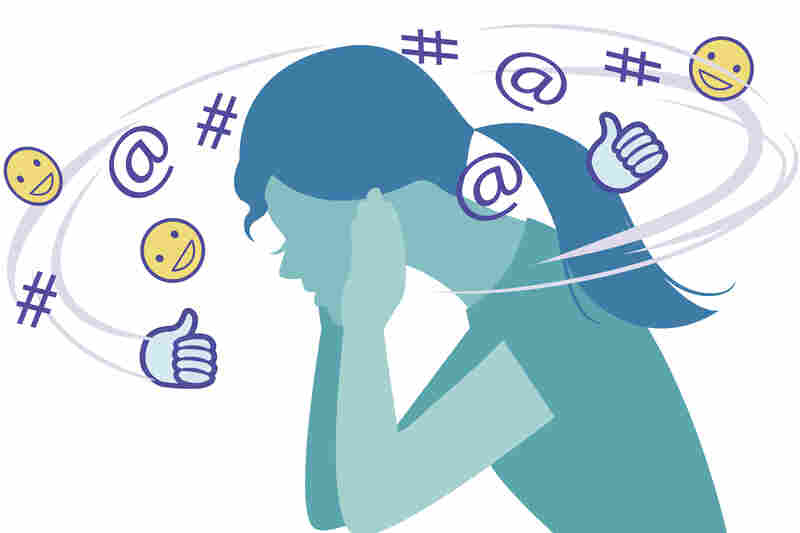 Social media symbols forming noise around woman plugging ears