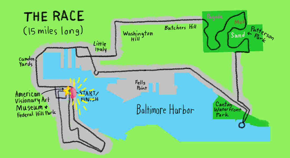 Map of the 15-mile Kinetic Sculpture Race around Baltimore Harbor.