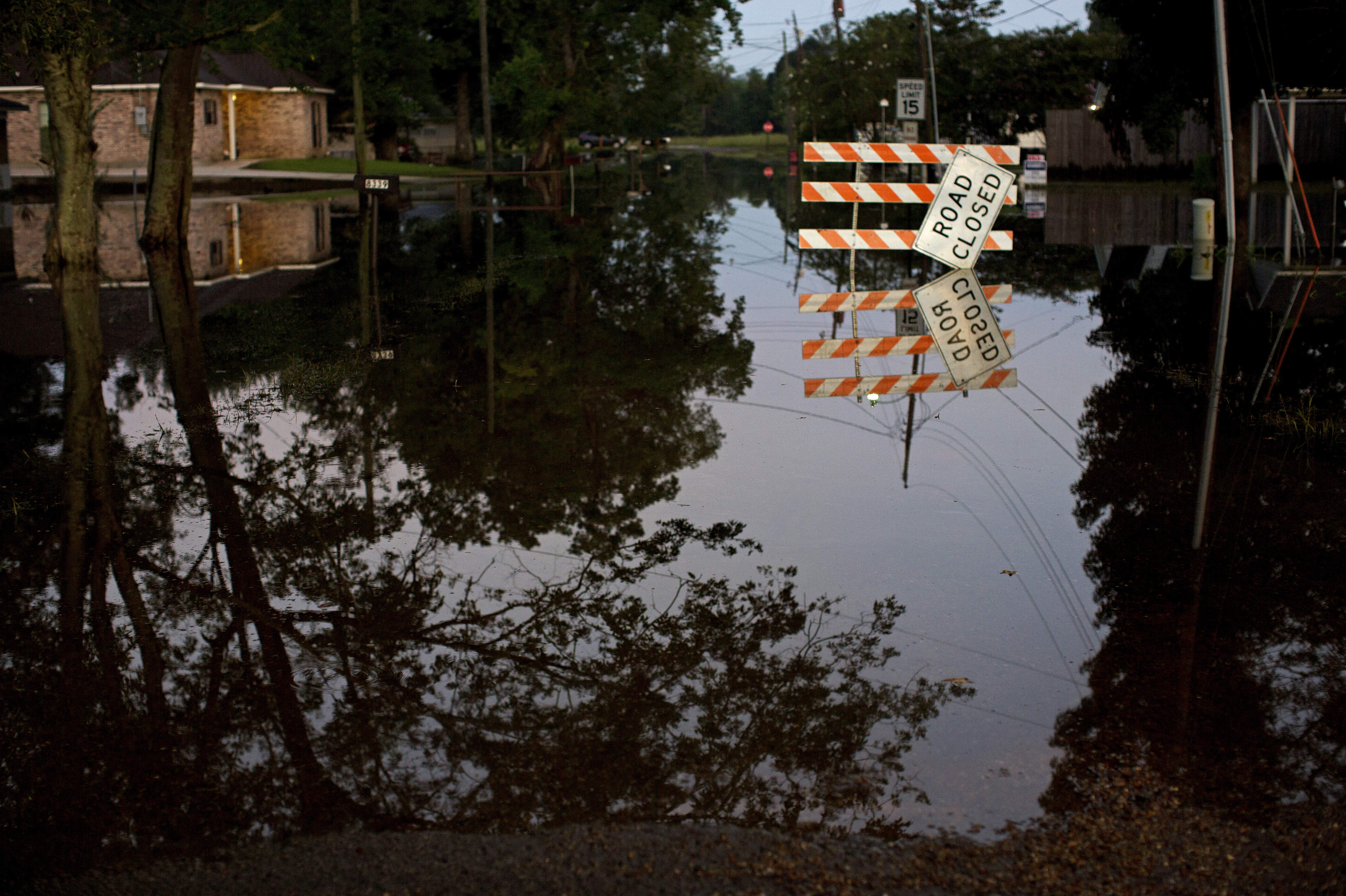 Standing water closes roads in Sorrento, La., on Saturday.