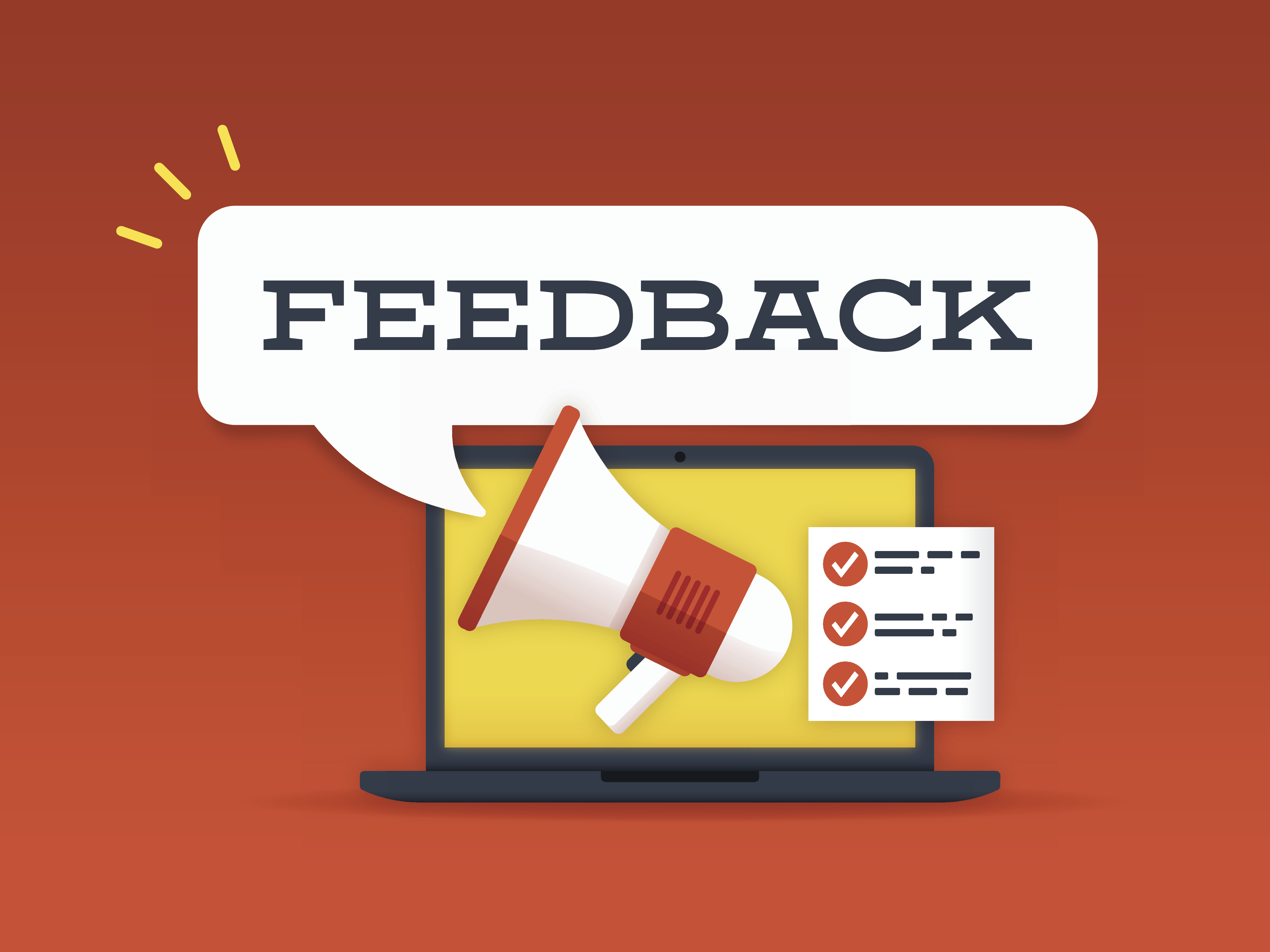 Feedback background with megaphone, laptop and list. EPS 10 file. Transparency effects used on highlight elements.