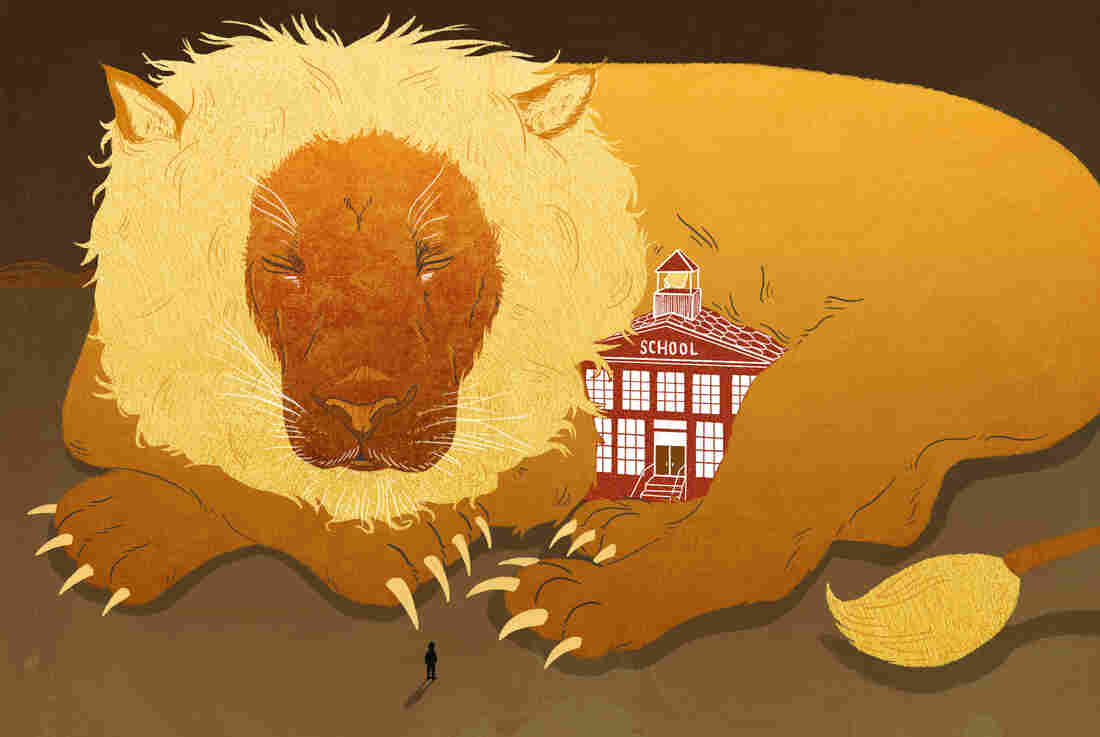 Lion blocking the entrance to school