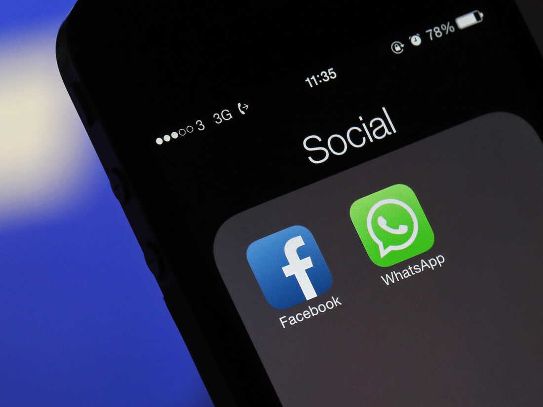 WhatsApp and Facebook icons are shown on a phone screen.