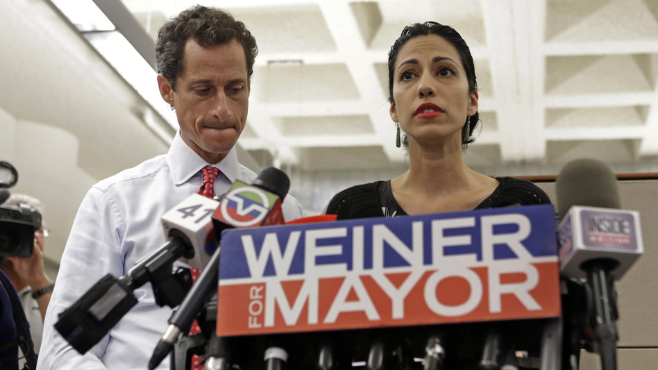 Anthony Weiner (left) and Huma Abedin at a news conference in 2013 during Weiner's mayoral campaign. (Kathy Willens/AP)