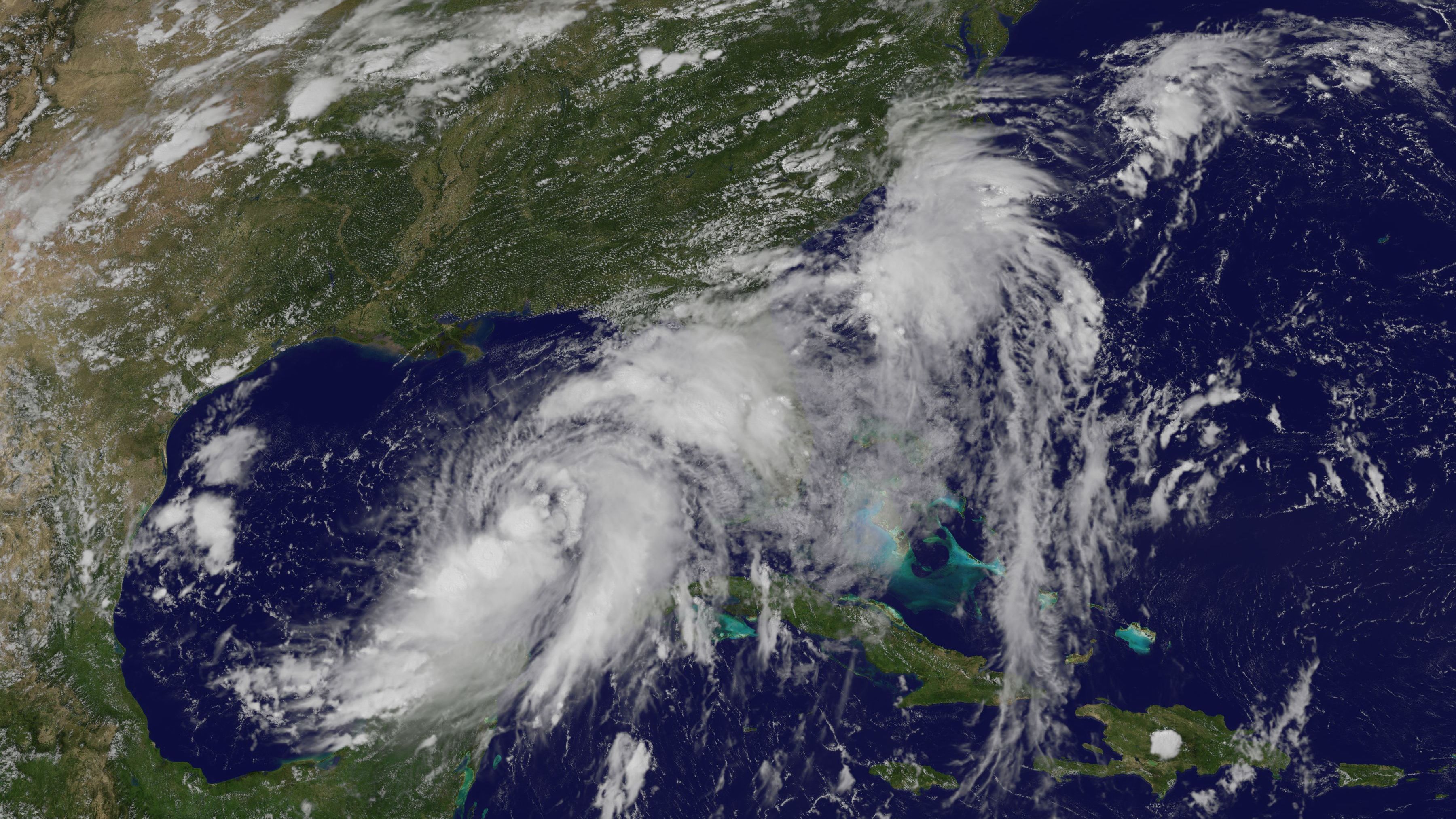 A satellite image shows Tropical Storm Hermine forming in the Gulf of Mexico on Wednesday. The storm is expected to make landfall north of Tampa late Thursday night or early Friday morning, the National Hurricane Center says.