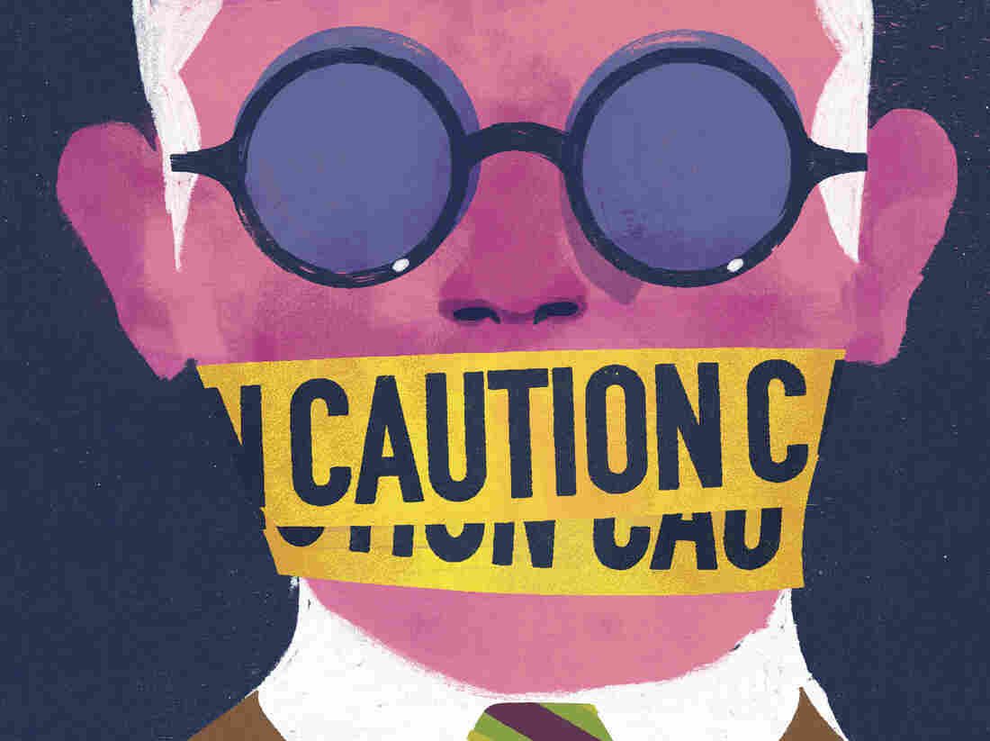 Professor with caution tape over mouth