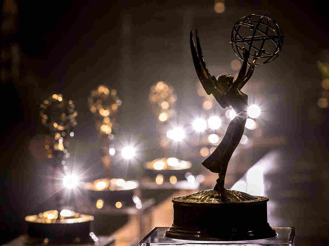 An Emmy statuette stands at a press conference before the 68th annual Emmys.