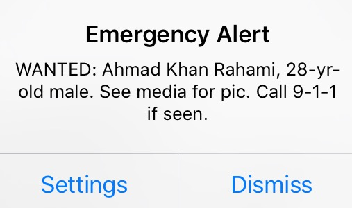 New York officials used the wireless emergency system to alert people across the city of a suspect in connection with the bombings in New York and New Jersey.