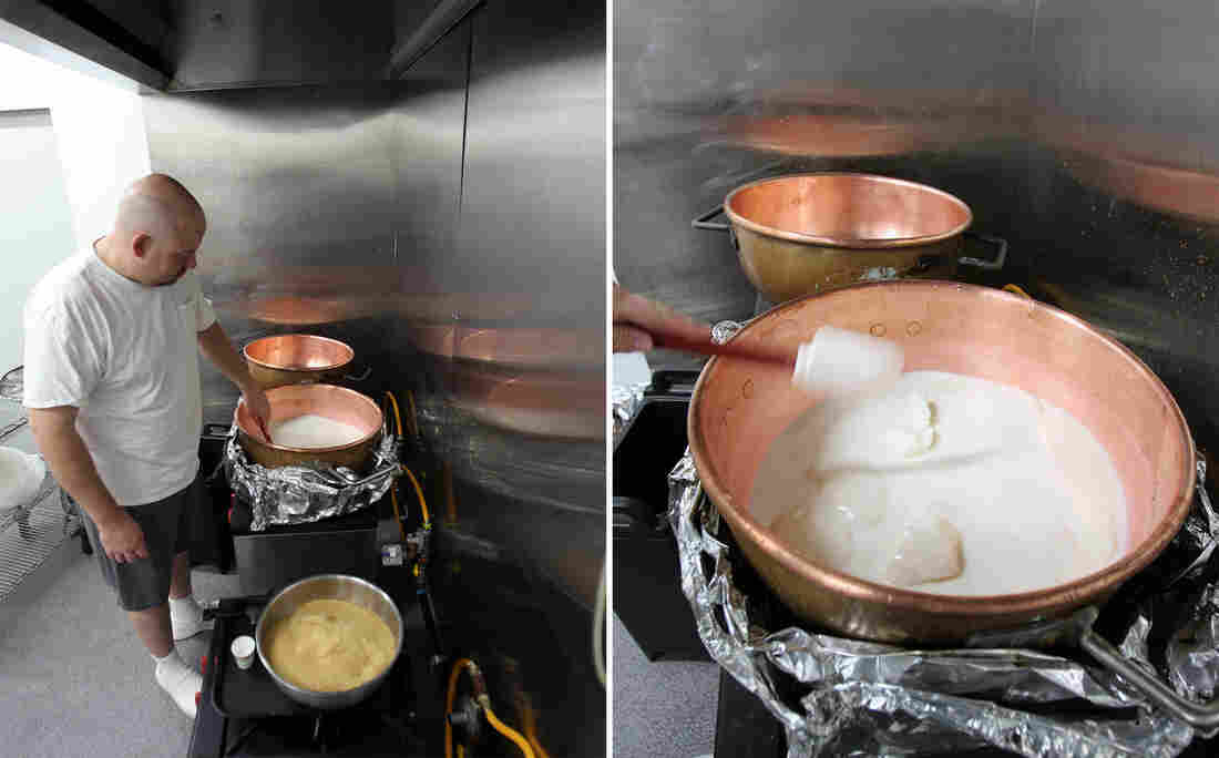 First: Greg Kelly stirs and monitors the sheep's milk used for caramel making. Turbinado sugar, in front bowl, is added to the milk. Second: Using a copper cauldron, Greg Kelly stirs 34 pounds, equal to 4 gallons, of frozen sheep's milk that will become caramel, or dulce de leche. The cooking process takes five hours, with continual monitoring.