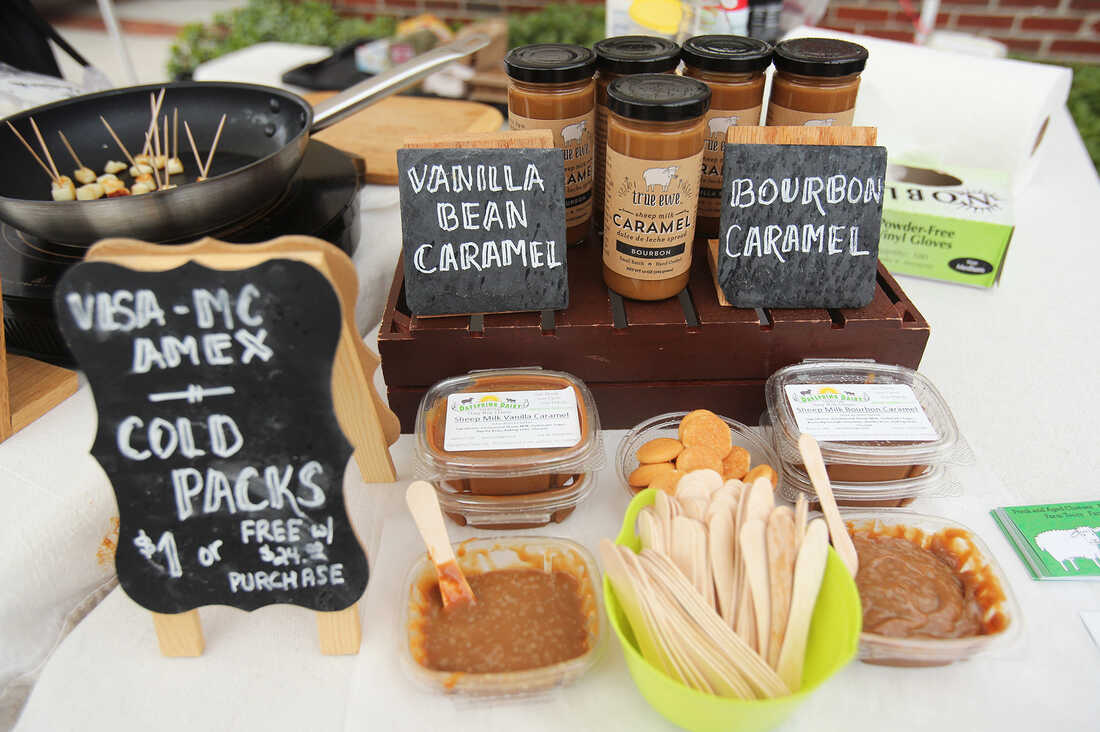 In addition to eight varieties of cheese, the two varieties of caramel — all made from sheep's milk — have become popular selling products for Dayspring Dairy. Free samples go quickly.