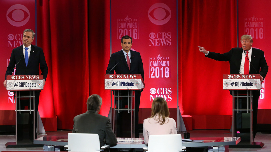 Republican presidential candidates Jeb Bush, left, Sen. Ted Cruz, center, and Donald Trump, right, participate in a Republican primary debate on Feb. 13, 2016, in Greenville, South Carolina. (Spencer Platt/Getty Images)
