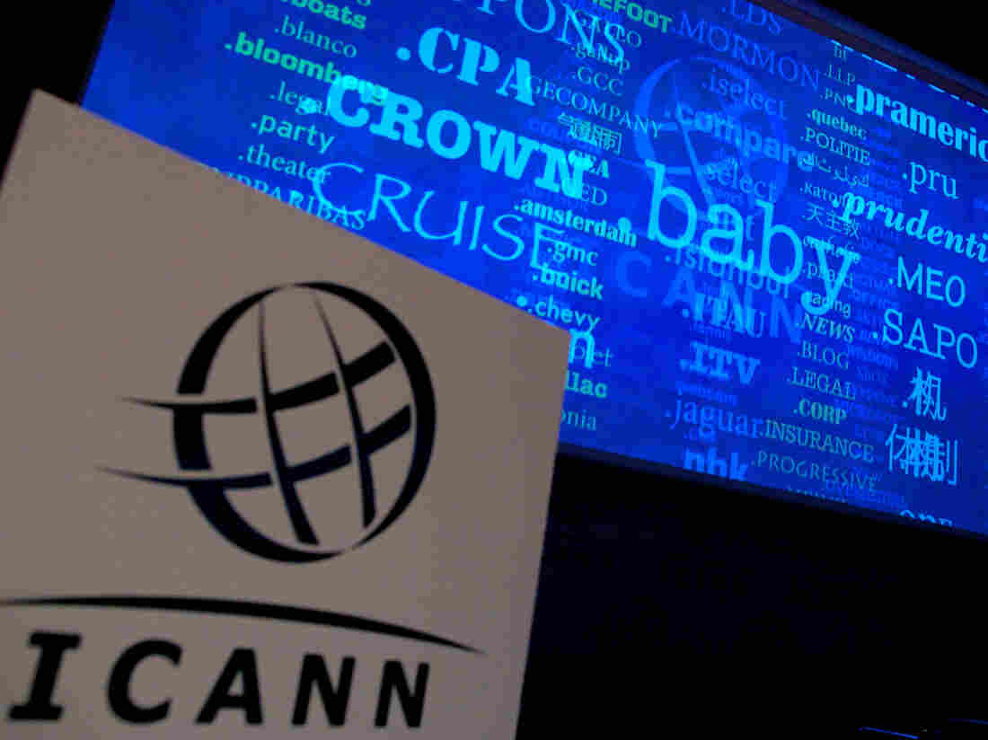 A screen at a 2012 press conference shows a rolling feed of new Web address endings, for which ICANN had received applications.