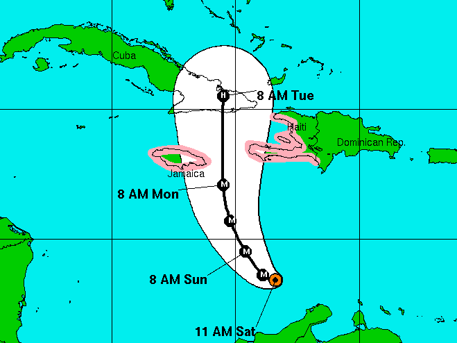 Forecasters expect Hurricane Matthew to pass between Jamaica and Hispaniola before hitting parts of Cuba and the Bahamas. (NHC/NOAA)