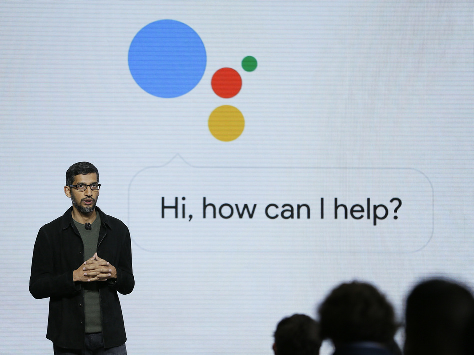 Google CEO Sundar Pichai talks about the Google Assistant, which will power the company's new line of smartphones and a voice-activated speaker. (Eric Risberg/AP)