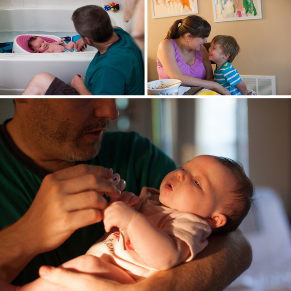 (Left) Olivia gets a bath every evening just before 7 p.m. (Right) Stephanie and Benjamin play after dinner. (Bottom) Mike wanted to stay home longer after Olivia was born.