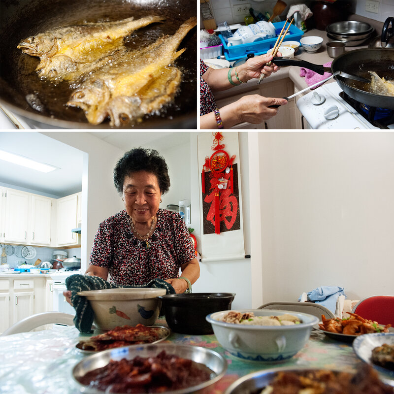 Ni prepares and serves deep-fried yellow croakers and chicken soup with Chinese yams. Seafood was a staple in Ni's hometown of Fuzhou, China. 'Rich families would eat fish balls and fish dumplings often,' she says. 'But our family was not well-off, so we only had those during special festivities like Lunar New Year.' Bryan Thomas for NPR.