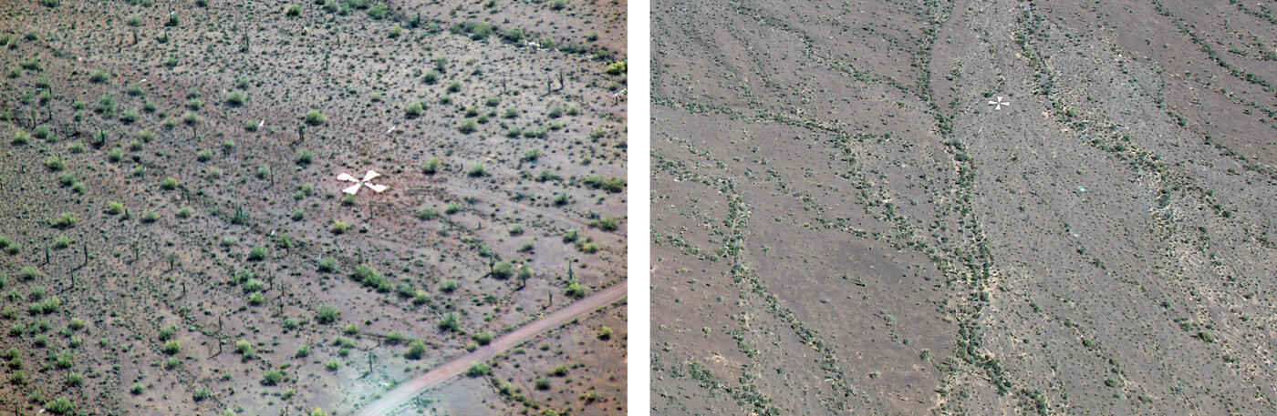 Each X is 60 feet across and consists of four 25-foot slabs of concrete, with a brass plate at the center. Chuck Penson captured these images while flying with Pez Owen in her plane. Chuck Penson/Pez Owen.