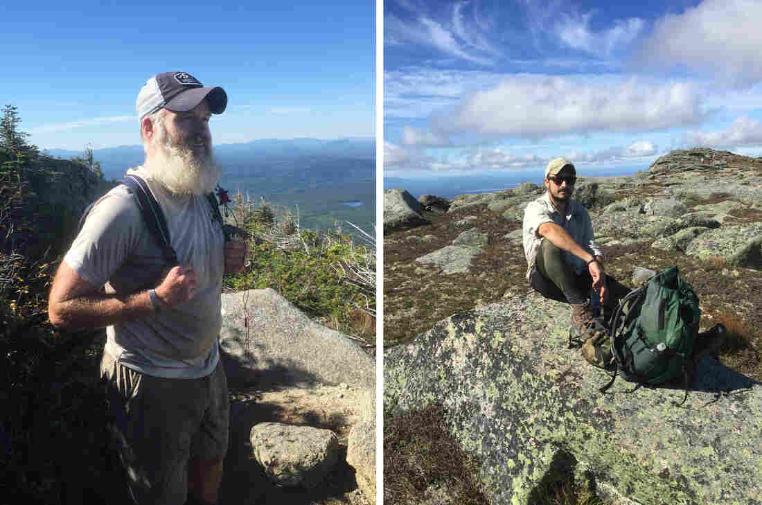(Left) Cody Yates did 20 years in the U.S. Army and Marine Corps. Before he was even formally retired this spring he started hiking the Appalachian Trail. (Right) Joshua Bridger takes break near the end of the 2,100 mile Appalachian trail on Mount Katahdin in Maine.