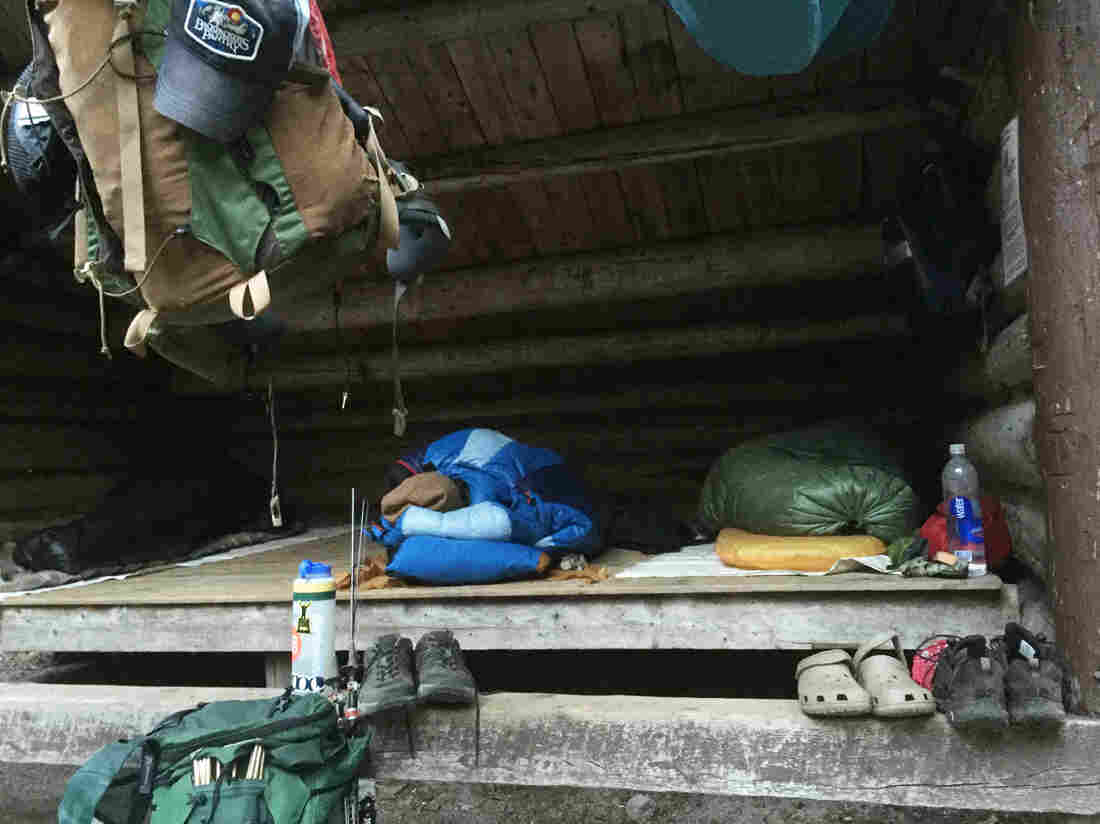 A few of the hikers sleep-in past dawn at the base of Mount Katahdin, where the trail ends.