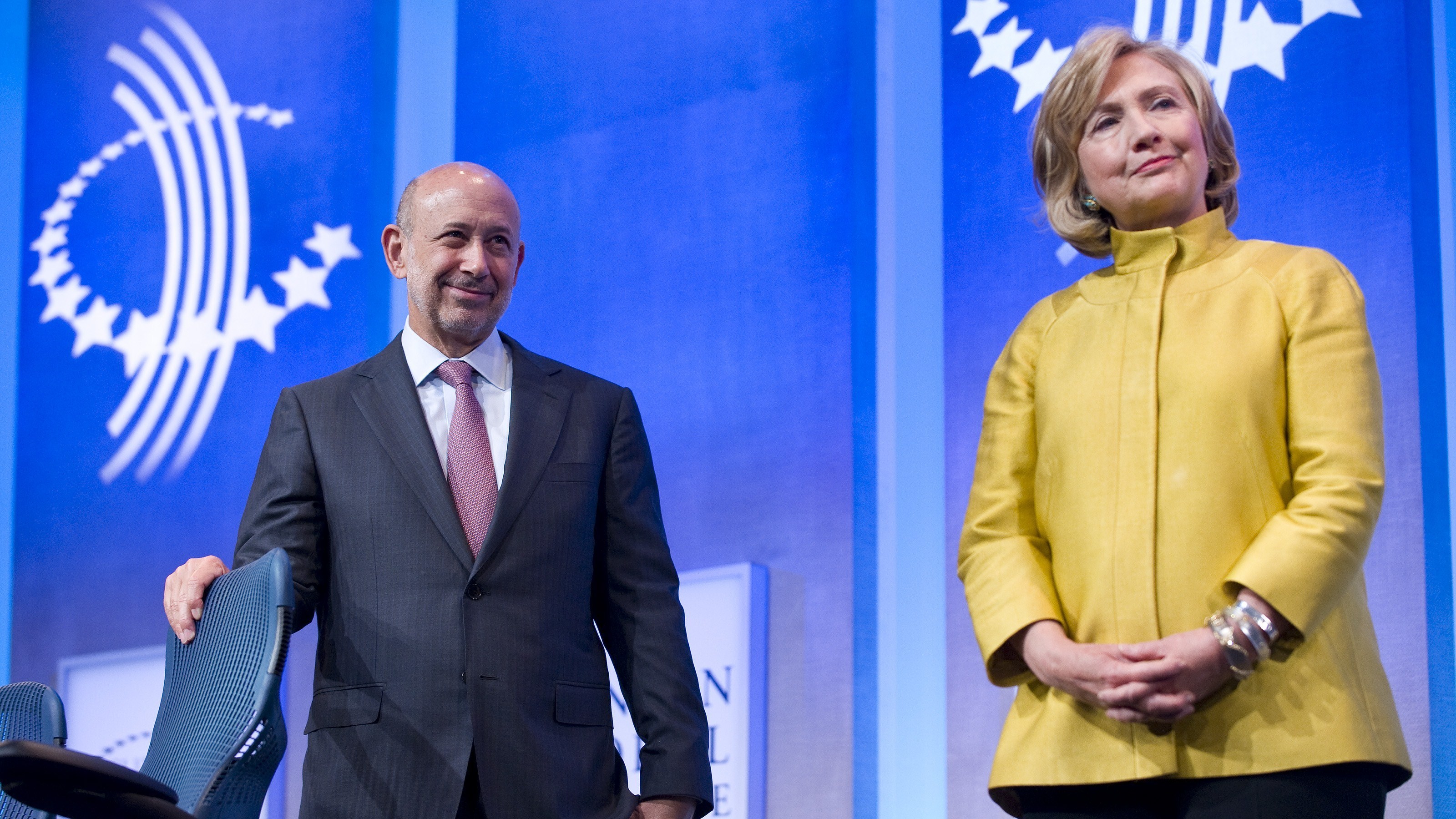 Goldman Sachs Chairman & CEO Lloyd Blankfein stands with Hillary Clinton during the 2014 Clinton Global Initiative meeting in New York on Sept. 24, 2014. (AFP/Getty Images)