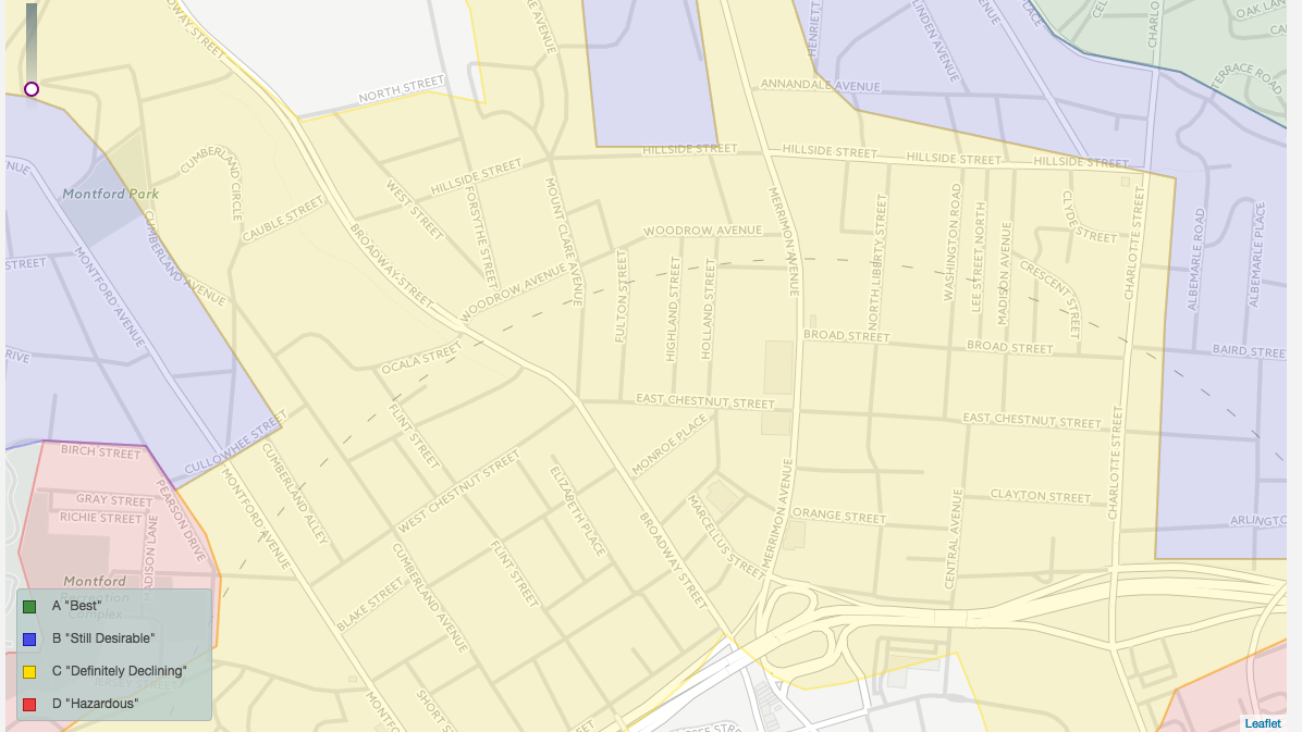 Zooming in reveals the redlining districts as an overlay on a modern map. This section shows part of Asheville, N.C.
