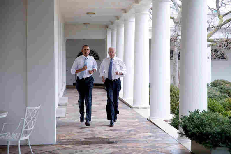 President Obama and Vice President Biden participate in a "Let's Move!" video taping on the Colonnade of the White House in February 2014.